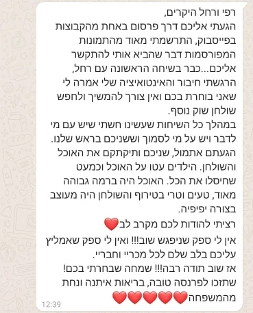 המלצת לקוחות: האוכל היה ברמה גבוהה מאוד, טעים וטרי